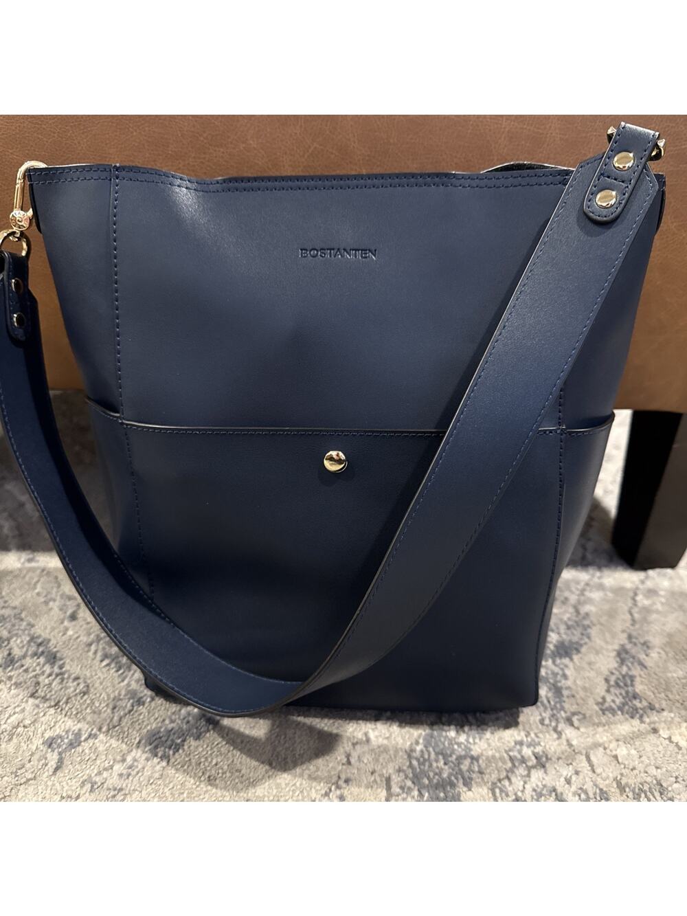 Bostanten Lotty Leather Hobo Bucket Tote Bag Navy F